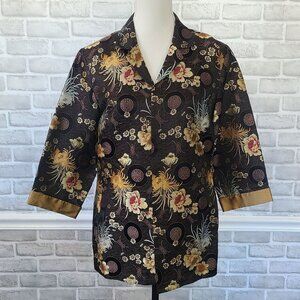 Chicos Silk Blend Asian Print Brocade Kimono Jacket sz 1 / Med Black Gold Artsy